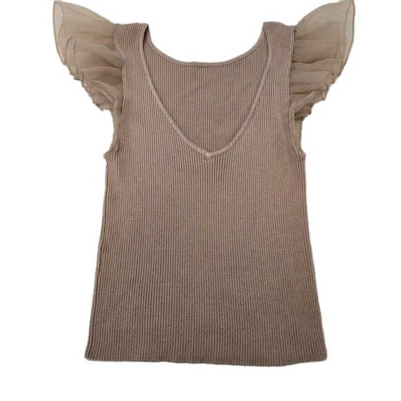 Light Brown/Taupe Ribbed Knit V-Neck Tank With Sheer, Ruffled Cap Sleeves No Tag - Picture 1 of 7